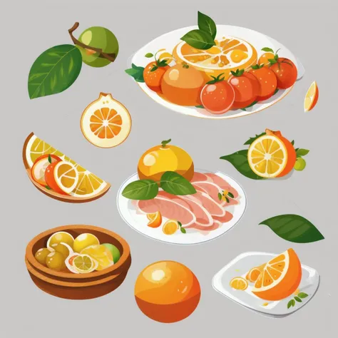 Concept art, food list, reference sheet, food, no humans, food focus, fruit, simple background, still life, lemon, plate, white background, lemon slice, orange (fruit), meat, leaf, onion<lora:shiwu:0.8>,