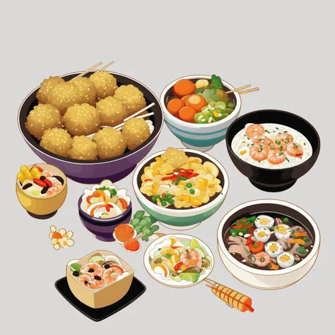 Concept art, food list, reference sheet, food, food focus, no humans, simple background, still life, plate, shrimp, rice, white background, bowl, meat, vegetable, spring onion, soup, omelet, onion, noodles, fruit, carrot, tamagoyaki, chopsticks, corn, tempura, fish, bento<lora:shiwu:0.8>,