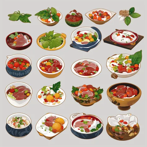 Concept art, food list, reference sheet, food, food focus, no humans, simple background, plate, still life, white background, vegetable, leaf, onion, fruit, meat, rice, bowl, tomato, soup<lora:shiwu:0.8>,