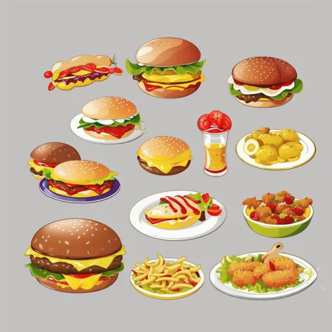 concept art, food list, reference table, food, nobody, food focus, fruit, gray background, simple background, lemon, plate, leaf, egg, tomato, mushroom, burger, hot dog, bread, noodles, fried chicken, chips<lora:shiwu:0.8>,