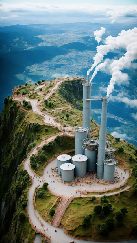 <lora:WM1:1>,Tilt-shift,miniature photography,masterpiece,best quality,(Masterpiece, best quality:1.3),highly detailed,8k,top quality,fantasy,hyperrealistic,<lora:FFIX-10:0.5>,best illustration,dynamic view,cinematic,ultra-detailed,full background,FFIXBG,full background,tree,arch,no humans,pavement,flower,bird,potted plant,bridge,road,building,chimney,stairs,fantasy,scenery,grass,from above,city,outdoors,window,plant,railing,beautiful,(film grain:0.7),UHDR,(details:1.2),[bloom:0.6],extremely detailed,shimmer:0.5,dreamy,amazing composition,, High-tech energy plant with renewable energy sources and futuristic machinery., Celestial Palace in the Clouds,
