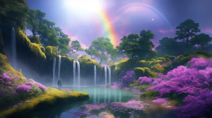 masterpiece, best quality, high quality, extremely detailed CG unity 8k wallpaper, Fantasy landscape, lush forest, magical elf forest, blue and purple dominated color space, enchanted meadows, mysterious caves, hidden waterfalls, rainbow skies, celestial lights, depth of Field, HDR, bloom, Chromatic Aberration ,Photorealistic ,extremely detailed, trending on artstation, trending on CGsociety, Intricate, High Detail, dramatic, art by midjourney