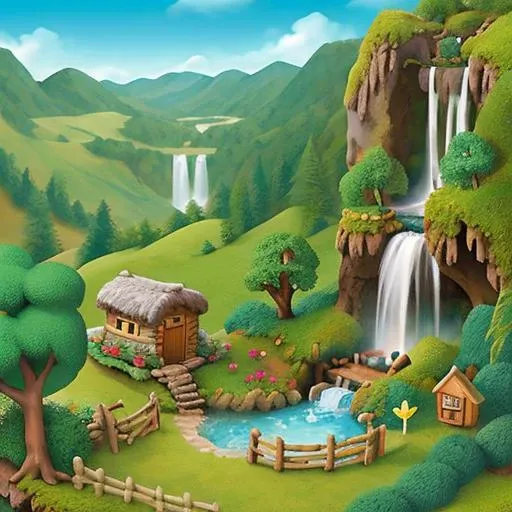 <lora:Claymation:1> Claymation landscape with a waterfall and a small hut