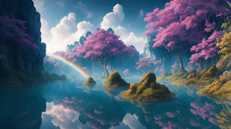 masterpiece, best quality, high quality, extremely detailed CG unity 8k wallpaper, Fantasy landscape, lush forest, magical elf forest, blue and purple dominated color space, enchanted meadows, mysterious caves, hidden waterfalls, rainbow skies, celestial lights, depth of Field, HDR, bloom, Chromatic Aberration ,Photorealistic ,extremely detailed, trending on artstation, trending on CGsociety, Intricate, High Detail, dramatic, art by midjourney