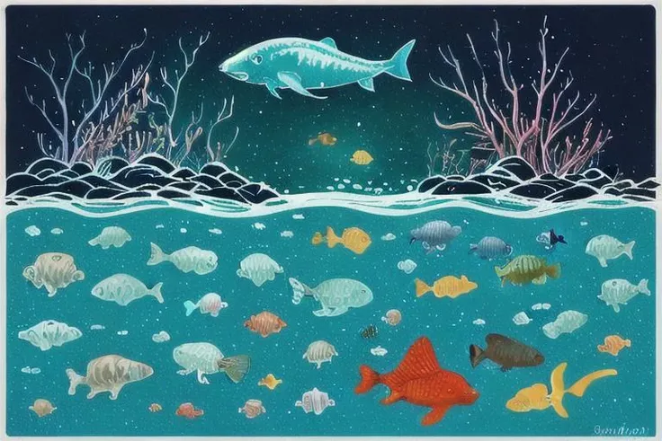 marine life landscape, cartoon style, silhouette ocean bottom, 2D matte dark gouache illustration, dark underwater enchanted caves, retro, vintage, scifi