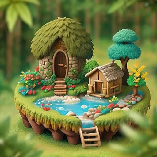 <lora:Claymation:1> Claymation landscape with a waterfall and a small hut