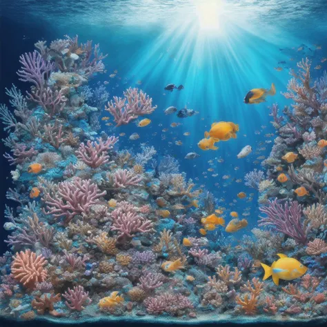 (masterpiece, best quality, award winning), a light-flooded tropical coral reef under water, anemones, corals, many different fish, squid, a sea turtle, a ray of light from above, blue tones prevail, intricate details, super detailed, liflike, blue colors dominate, photorealistic