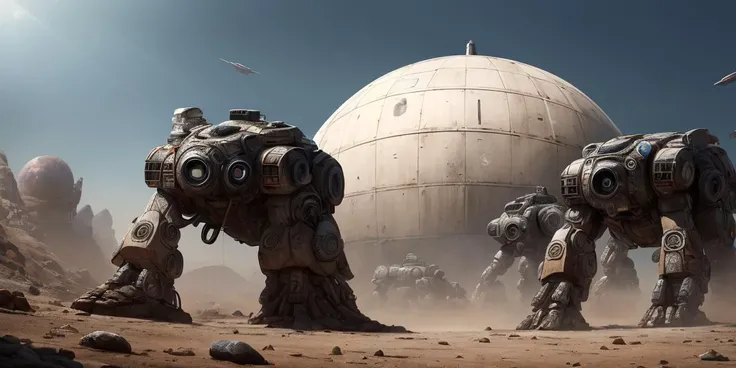 masterpiece,highres, highest quality,intricate detail,best texture,realistic,8k,soft light,perfect shadow,
antediluvian, gleaming, Mech suit, A planet with a thick, toxic atmosphere, forcing its inhabitants to live in domed cities or underground bunkers., Asteroid Base, Alien battlefield