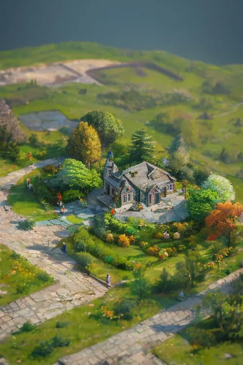 ((masterpiece)),(((bestquality))),((ultra-detailed)),((illustration)),4k,8k, fine detail, Ultra high resolution, best quality, HD, intricate detail, the center of the grassland,garden Isometric view, miniaturecore,miniature plants,blur background,outdoor lighting,3d rendering,octane render, 32k uhd, playful scenes, tilt shift,realistic depictions