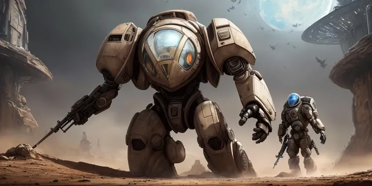 masterpiece,highres, highest quality,intricate detail,best texture,realistic,8k,soft light,perfect shadow, 
antediluvian, gleaming, Mech suit, A planet with a thick, toxic atmosphere, forcing its inhabitants to live in domed cities or underground bunkers., Asteroid Base, Alien battlefield