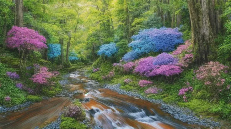 a small creek winding it's way down a narrow valley filled with vibrant colors, tall trees on both sides with thick foliage, butterflies and fireflies flying lazily, steep slopes, vibrant flowerbeds,
vibrant, vivid, intricate,
masterpiece, exquisitely detailed, high quality, photorealistic,
<lora:more_details:1>