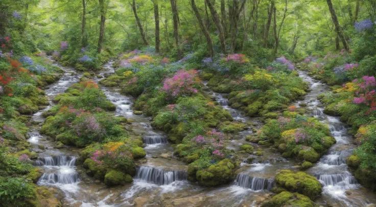 a small creek winding it's way down a narrow valley filled with vibrant colors, tall trees on both sides with thick foliage, butterflies and fireflies flying lazily, steep slopes, vibrant flowerbeds,
vibrant, vivid, intricate,
masterpiece, exquisitely detailed, high quality, photorealistic,
<lora:more_details:1>