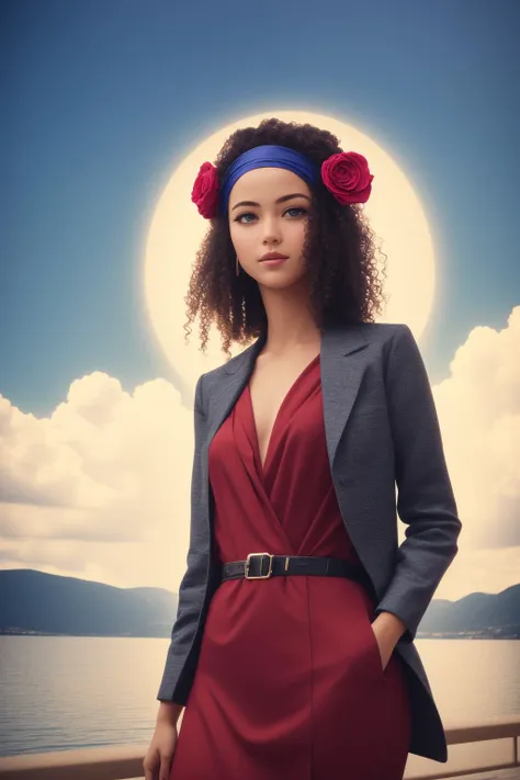1girl, [ (by Chie Yoshii:1.1) : (Elina Karimova:1.3) : (Bill Carman:0.7) :10], installation art, studio Octane render, 8k Concrete of a concept art, Fluid Disruptive elegant traditional Nigerian (Woman:1.3) , the Woman is Hiking, she is surrounded by a group of Groovy animals wearing Otherworldly Surfer clothing, she is feeling very sad, the Woman is dressed in her Blazer and jeans, The Surfer clothing is tailored by Massimo Giorgetti and Brandon Maxwell, the Woman has Layered hair, the Woman has a Cute traditional Czech Neon Cloak, Headband and Briefcase, crowded space with Rose, Thunderstorm, split diopter, Detailed illustration, Hopeless, biomorphic forms, Cyberpop, Warm lighting, F/1.8, Dark hue, behance HD, Film grain, sharp, highly detailed face, extremely beautiful, adobe lightroom, expressive, artistic, cozy