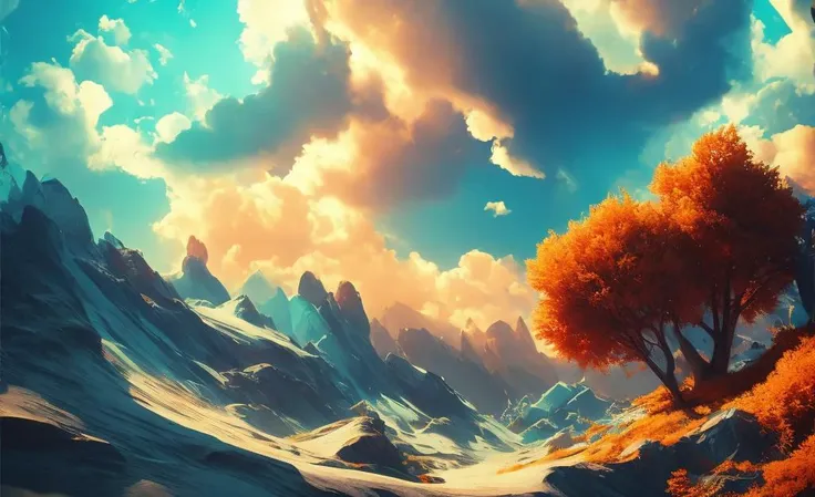 Analog style, ChromaV5, nvinkpunk, (extremely detailed CG unity 8k wallpaper), A Landscape of a clear blue sky with fluffy white clouds, the sun shining bright in the center of the image, warm colors, sunset, golden and orange sky  , majestic oil paiting, award winning photography, Bokeh, Depth of Field, HDR, bloom, Chromatic Aberration ,Photorealistic,extremely detailed, trending on artstation, trending on CGsociety, Intricate, High Detail, dramatic, art by midjourney