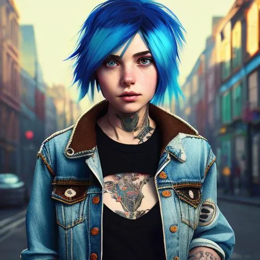 Analog style, ChromaV5,nvinkpunk,(extremely detailed CG unity 8k wallpaper), ((Portrait of a teenage girl with short blue hair and brown eyes)), (wearing a denim jacket a black tank top and ripped jeans), multiple tattoos and piercings, rebellious and alternative, award winning photography, Chromatic Aberration, Detailed , HDR, Bloom, style by Monet, Pissarro, and Sisley ,trending on ArtStation, trending on CGSociety, art by midjourney