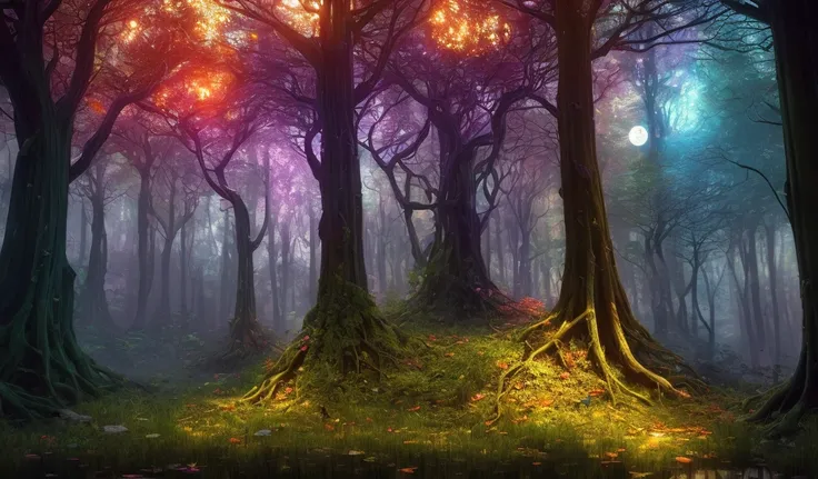 analog style,ChromaV5,nvinkpunk,(extremely detailed CG unity 8k wallpaper),A Illustration of a dark and eerie forest, the trees are tall and twisted with gnarled roots, the ground is covered in moss and fallen leaves, moon light that shines through the canopy casting an eerie glow over the forest,award winning photography, Chromatic Aberration; Geometric Shapes; Bokeh, Depth of Field, Photorealistic,  Detailed, Bloom, HDR , impressionistic oil painting by the artist Salvador Dali, Frida Kahlo, J.M.W Turner and John Everett Millais,trending on ArtStation, trending on CGSociety, art by midjourney