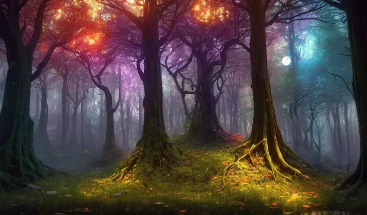 analog style,ChromaV5,nvinkpunk,(extremely detailed CG unity 8k wallpaper),A Illustration of a dark and eerie forest, the trees are tall and twisted with gnarled roots, the ground is covered in moss and fallen leaves, moon light that shines through the canopy casting an eerie glow over the forest,award winning photography, Chromatic Aberration; Geometric Shapes; Bokeh, Depth of Field, Photorealistic, Detailed, Bloom, HDR , impressionistic oil painting by the artist Salvador Dali, Frida Kahlo, J.M.W Turner and John Everett Millais,trending on ArtStation, trending on CGSociety, art by midjourney