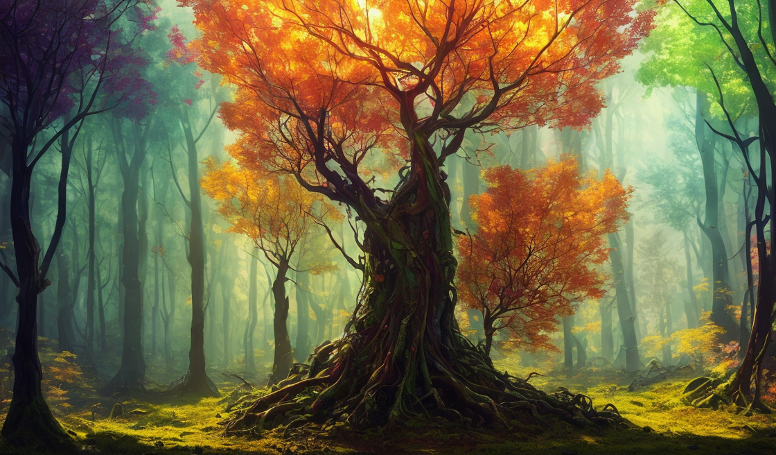 A painting of a tree with many colors in the woods - SeaArt AI