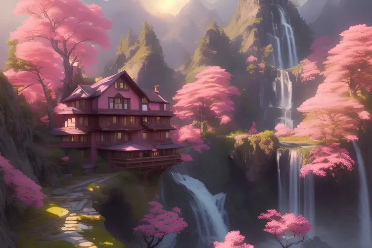 ChromaV5, nvinkpunk, Analog Style, a beautiful house on a beautiful mountain full of hyper detailed spring pink trees, with beautiful and realistic waterfalls in the background, with beautiful and spectacular sunset, concept art, Art by greg rutkowski and albert bierstadt, trending at artstation, oil painting, octane render, cinematic