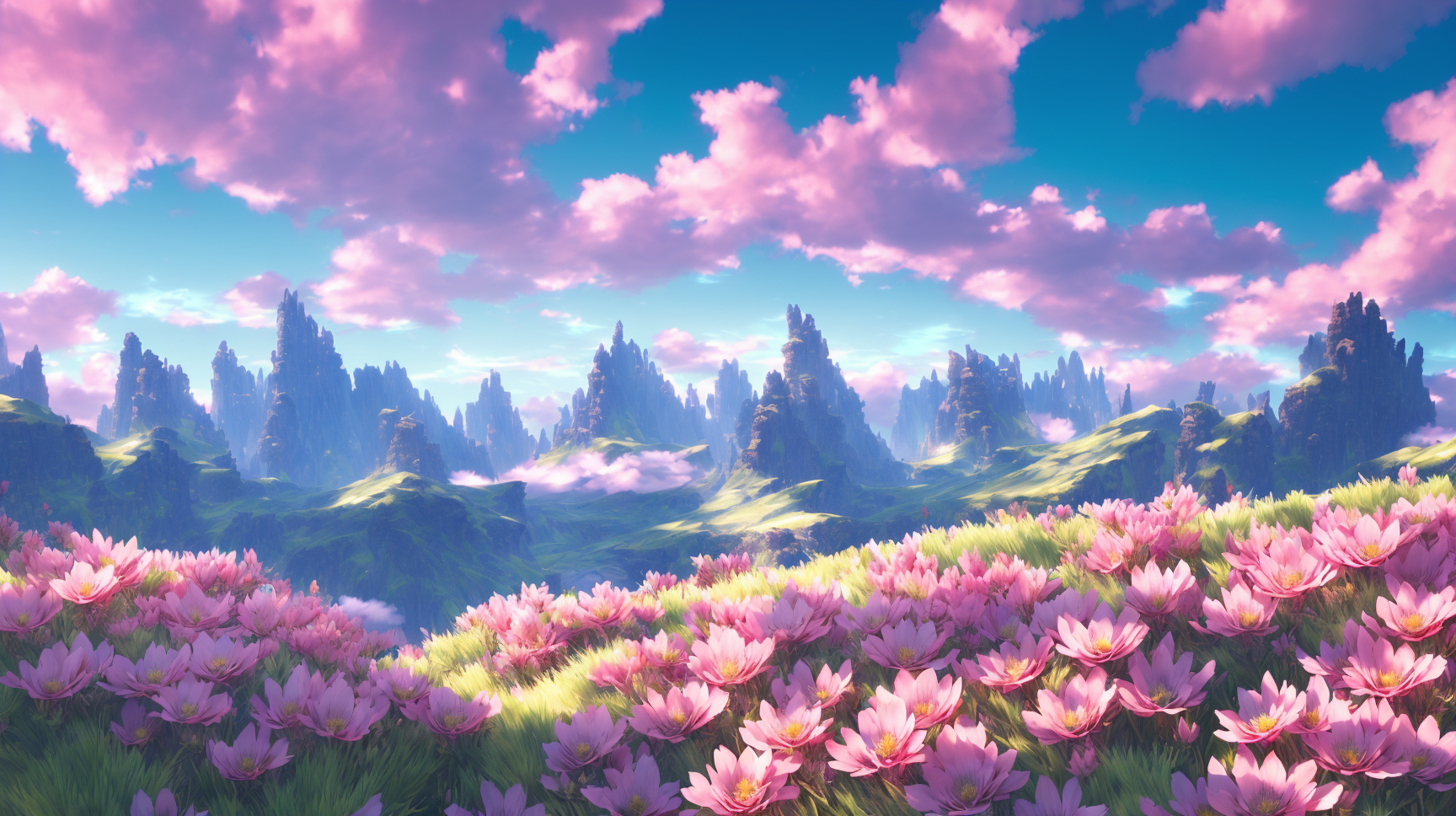 A close up of a field of flowers with a sky background - SeaArt AI