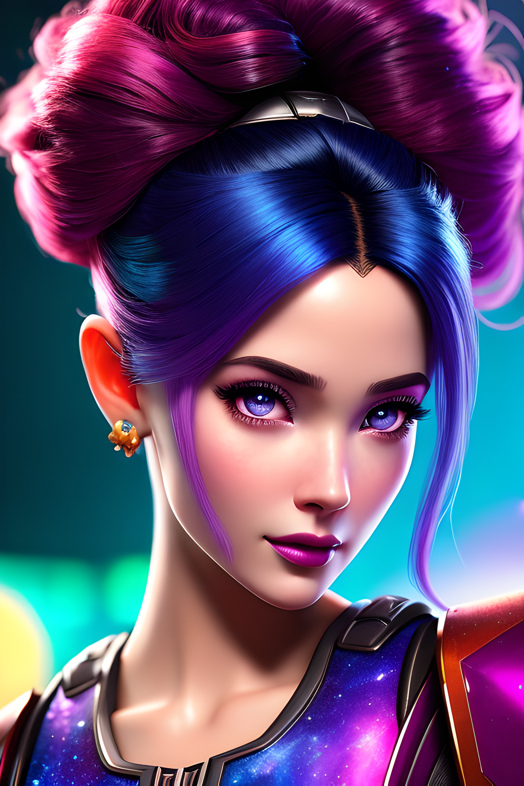 A woman with purple hair and blue eyes wearing a purple top - SeaArt AI