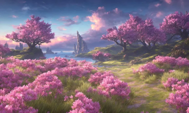 (xenoblade:1.3), intricate, highly detailed, artstation, smooth, sharp, focus, (intricate:1.1), (highly detailed:1.1), landscape, octane render, smooth, sharp focus, 35mm, (Analog Style:1.0), (Photorealistic:1.3), (clouds:1.1), (dawn:1.1), (pink flowers), sakura, (night:1.4), (ocean:1.2)