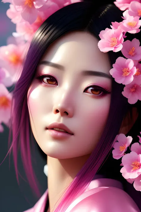 ChromaV5:1.6, nvinkpunk, Analog Style, Close up of a beautiful japanese woman wearing pink kimono, surrounded by beautiful pink flowers, studio shot, beautiful face, beautiful eyes, art by greg rutkowski, concept art, trending on artstation
