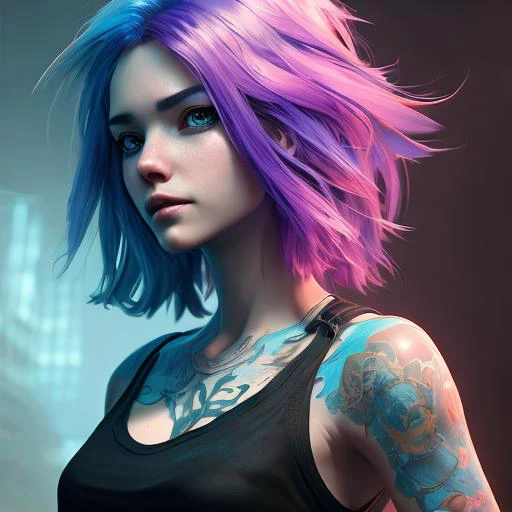 Analog style, ChromaV5,nvinkpunk,(extremely detailed CG unity 8k wallpaper), Portrait of a woman with striking blue hair that falls in waves down her shoulders, dressed in a black Tank top, tattoos covering her arms, strong and defined, city background ,award winning photography, Chromatic Aberration, Detailed , HDR, Bloom, ,trending on ArtStation, trending on CGSociety, art by midjourney