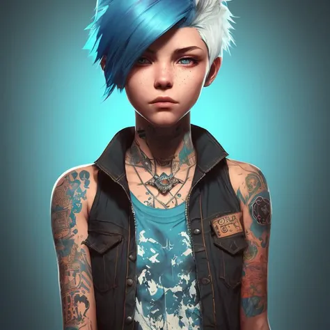 Analog style, ChromaV5,nvinkpunk,(extremely detailed CG unity 8k wallpaper), ((Portrait of a teenager with short blue hair and brown eyes)), (wearing a denim jacket a black tank top and ripped jeans), multiple tattoos and piercings, rebellious and alternative, award winning photography, Chromatic Aberration, Detailed , HDR, Bloom, ,trending on ArtStation, trending on CGSociety, art by midjourney