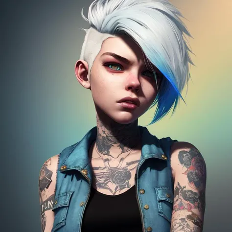 Analog style, ChromaV5,nvinkpunk,(extremely detailed CG unity 8k wallpaper), ((Portrait of a teenage girl with short white hair and brown eyes)), (wearing a denim jacket a black tank top and ripped jeans), multiple tattoos and piercings, rebellious and alternative, award winning photography, Chromatic Aberration, Detailed , HDR, Bloom, trending on ArtStation, trending on CGSociety, art by midjourney