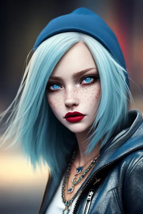 analog style,Chromav5, nvinkpunk,masterpiece, best quality, high quality,extremely detailed CG unity 8k wallpaper, 1girl, solo, freckles, necklace, hat, jewelry, blue eyes, blue hair, lips, long hair, blurry, upper body, beanie, jacket, nose, outdoors, realistic, makeup, blurry background, leather, depth of field, zipper, unzipped, open clothes, eyelashes, hood, lipstick, open jacket, breasts, oil paiting, award winning photography, Bokeh, Depth of Field, HDR, bloom, Chromatic Aberration ,Photorealistic,extremely detailed, trending on artstation, trending on CGsociety, Intricate, High Detail, dramatic, art by midjourney