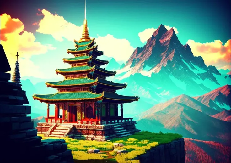 Analog style, ChromaV5, nvinkpunk, a temple on a mountain, intricate detail, centered