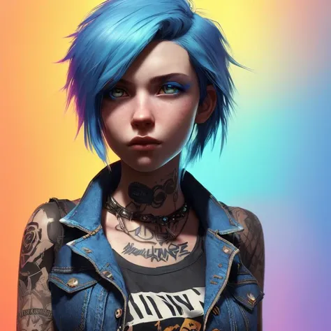 Analog style, ChromaV5,nvinkpunk,(extremely detailed CG unity 8k wallpaper), ((Portrait of a teenage girl with short blue hair and brown eyes)), (wearing a denim jacket a black tank top and ripped jeans), multiple tattoos and piercings, rebellious and alternative, award winning photography, Chromatic Aberration, Detailed , HDR, Bloom, ,trending on ArtStation, trending on CGSociety, art by midjourney
