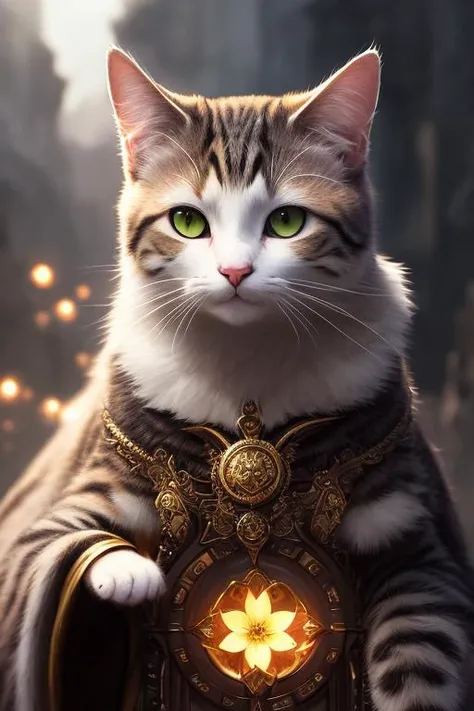 masterpiece, best quality, high quality, extremely detailed CG unity 8k wallpaper, a detailed portrait of (cat:1.1) holding flower illustrator, by justin gerard and greg rutkowski, digital art, realistic painting, dnd, character design, oil paiting, award winning photography, Bokeh, Depth of Field, HDR, bloom, Chromatic Aberration ,Photorealistic,extremely detailed, trending on artstation, trending on CGsociety, Intricate, High Detail, dramatic, art by midjourney
