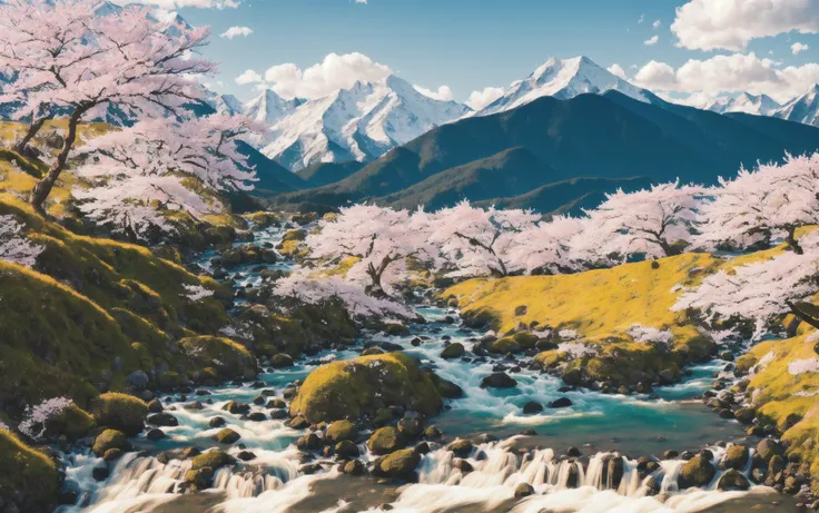masterpiece photo Hasselblad nikon canon full frame camera, ultra realistic, 8K photography, golden hour landscape, high shutter speed, cherry blossom, mountain valley, blue cool stream flowing, snow caps, lush green valley, warm golden afternoon, high detail, large depth of field, ((sharp focus))