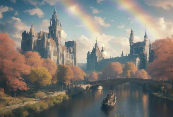 masterpiece, best quality, high quality, extremely detailed CG unity 8k wallpaper, medieval castles kingdom. scenery,  amsterdam, autumn, outdoors, rainbow, sky, cloud, day, landscape, water, tree, blue sky, waterfall, nature, lake, river, cloudy sky,award winning photography, Bokeh, Depth of Field, HDR, bloom, Chromatic Aberration ,Photorealistic,extremely detailed, trending on artstation, trending on CGsociety, Intricate, High Detail, dramatic, art by midjourney