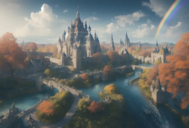 masterpiece, best quality, high quality, extremely detailed CG unity 8k wallpaper, medieval castles kingdom. scenery,  amsterdam, autumn, outdoors, rainbow, sky, cloud, day, landscape, water, tree, blue sky, waterfall, nature, lake, river, cloudy sky,award winning photography, Bokeh, Depth of Field, HDR, bloom, Chromatic Aberration ,Photorealistic,extremely detailed, trending on artstation, trending on CGsociety, Intricate, High Detail, dramatic, art by midjourney