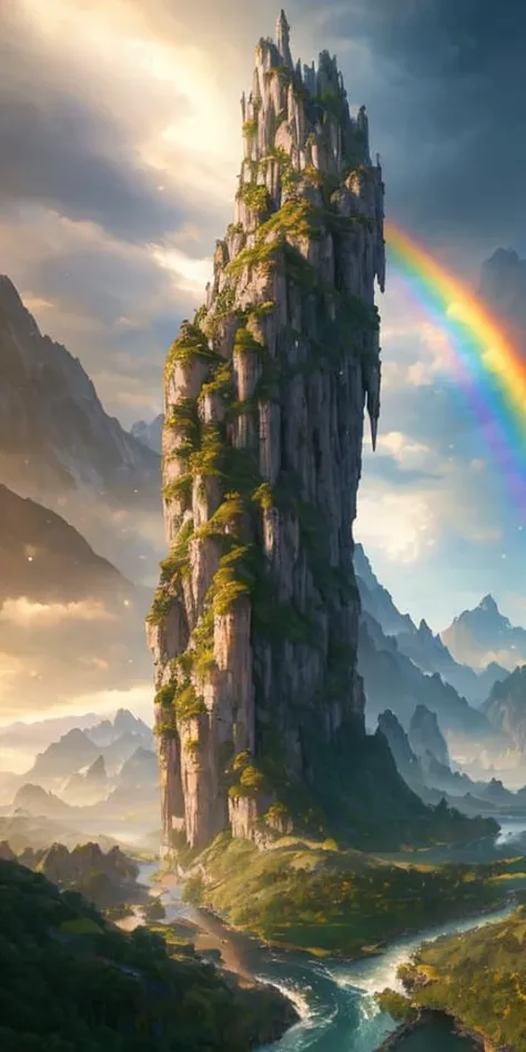 masterpiece, best quality, high quality, extremely detailed CG unity 8k wallpaper, Fantasy landscape, towering mountains, lush forests, rolling hills, sparkling rivers, shimmering lakes, enchanted meadows, mysterious caves, hidden waterfalls, rainbow skies, celestial lights ,award winning photography, Bokeh, Depth of Field, HDR, bloom, Chromatic Aberration ,Photorealistic,extremely detailed, trending on artstation, trending on CGsociety, Intricate, High Detail, dramatic, art by midjourney