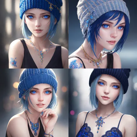 masterpiece, best quality, high quality,extremely detailed CG unity 8k wallpaper, 1girl, solo, blue hair, tattoo, short hair, beanie, jewelry, smile, necklace, looking at viewer, hat, realistic, open mouth, teeth, upper body, tank top, nose, bare shoulders, artist name, black headwear, collarbone, arm tattoo, blue eyes, lips, blurry, oil paiting, award winning photography, Bokeh, Depth of Field, HDR, bloom, Chromatic Aberration ,Photorealistic,extremely detailed, trending on artstation, trending on CGsociety, Intricate, High Detail, dramatic, art by midjourney