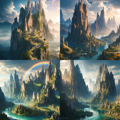 masterpiece, best quality, high quality, extremely detailed CG unity 8k wallpaper, Fantasy landscape, towering mountains, lush forests, rolling hills, sparkling rivers, shimmering lakes, enchanted meadows, mysterious caves, hidden waterfalls, rainbow skies, celestial lights ,award winning photography, Bokeh, Depth of Field, HDR, bloom, Chromatic Aberration ,Photorealistic,extremely detailed, trending on artstation, trending on CGsociety, Intricate, High Detail, dramatic, art by midjourney