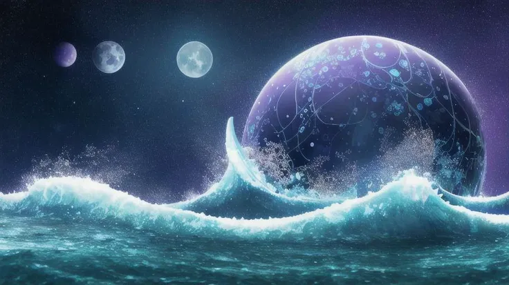 smooth rolling waves of (blue ocean) on alien planet, beautiful transparent water, night, gigantic fish jumps from the waves, A blotches of irridescent plankton in water, glittering shiny water spray, background is deep purple sky dotted with stars, unknown constellations in the sky, (A three detailed bright moons in the sky above:1.3), glowing horizon, fascinating view, masterpiece, best quality, detailed 4k wallpaper, award winning art, Bokeh, Depth of Field, HDR, bloom, Chromatic Aberration, extremely detailed, trending on artstation, trending on CGsociety, dramatic