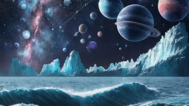 smooth rolling waves of (blue ocean) on alien planet, beautiful transparent water, night, gigantic fish jumps from the waves, blotches of irridescent plankton in water, glittering shiny water spray, background is deep purple sky dotted with stars, unknown constellations in the sky, (A multiple bright moons and planets in the sky:1.5), glowing horizon, fascinating view, masterpiece, best quality, detailed 4k wallpaper, award winning art, Bokeh, Depth of Field, HDR, bloom, Chromatic Aberration, extremely detailed, trending on artstation, trending on CGsociety, dramatic