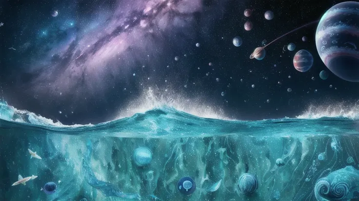 smooth rolling waves of (blue ocean) on alien planet, beautiful transparent water, night, gigantic fish jumps from the waves, blotches of irridescent plankton in water, glittering shiny water spray, background is deep purple sky dotted with stars, unknown constellations in the sky, (A multiple bright moons and planets in the sky:1.5), glowing horizon, fascinating view, masterpiece, best quality, detailed 4k wallpaper, award winning art, Bokeh, Depth of Field, HDR, bloom, Chromatic Aberration, extremely detailed, trending on artstation, trending on CGsociety, dramatic