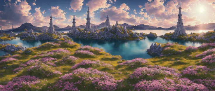 masterpiece, best quality, high quality, extremely detailed CG unity 8k wallpaper, scenery, outdoors, sky, cloud, day, no humans, mountain, landscape, water, tree, blue sky, waterfall, (cliff), nature, lake, river, cloudy sky,award winning photography, Bokeh, Depth of Field, HDR, bloom, Chromatic Aberration ,Photorealistic,extremely detailed, trending on artstation, trending on CGsociety, Intricate, High Detail, dramatic, (tower:1.5) ,landscape ,A dry place like an empty desert, dearest, foxy, Mono Lake, (sunny) , (sunlight:1.2), wide shot, panoramic view, (pink grass and flowers:1.2)