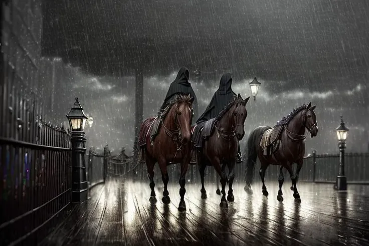 A dark and stormy night. Travelers arriving at the gate below. They are cloaked and hooded against the rain, their horses struggling through the night, Bokeh, Depth of Field, HDR, Photorealistic, extremely detailed, trending on artstation, trending on CGsociety, Intricate, High Detail, Masterpiece, Award Winning, 8k,