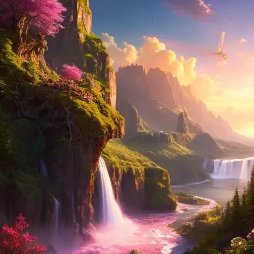 ChromaV5, nvinkpunk,(extremely detailed CG unity 8k wallpaper), An Landscape of majestic and powerful waterfall cascading down a rocky cliff surrounded by lush pink foliage, award winning photography, Chromatic Aberration, Detailed , HDR, Bloom,majestic oil painting by , Thomas Cole, Frederic Church, and Albert Bierstadt ,trending on artstation, trending on CGsociety, Intricate, High Detail, dramatic, art by midjourney