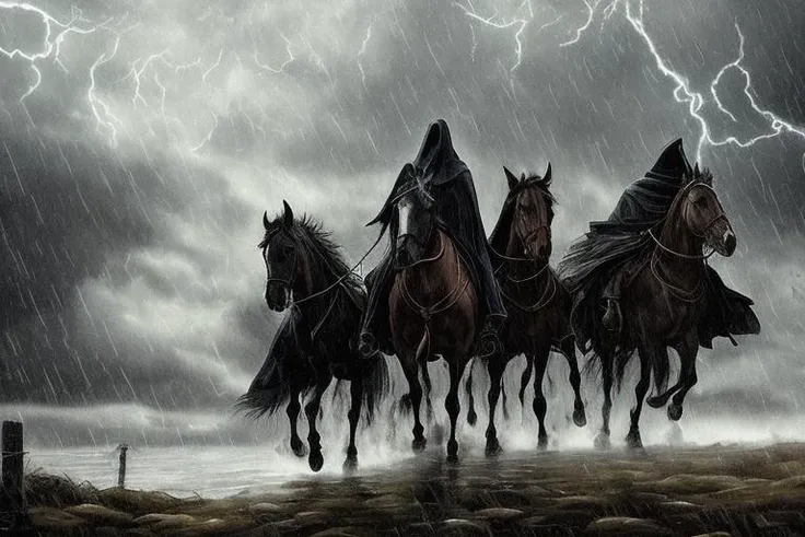 A dark and stormy night. Travelers arriving at the gate below. They are cloaked and hooded against the rain, their horses struggling through the night. What brought them here at this hour and in this weath
