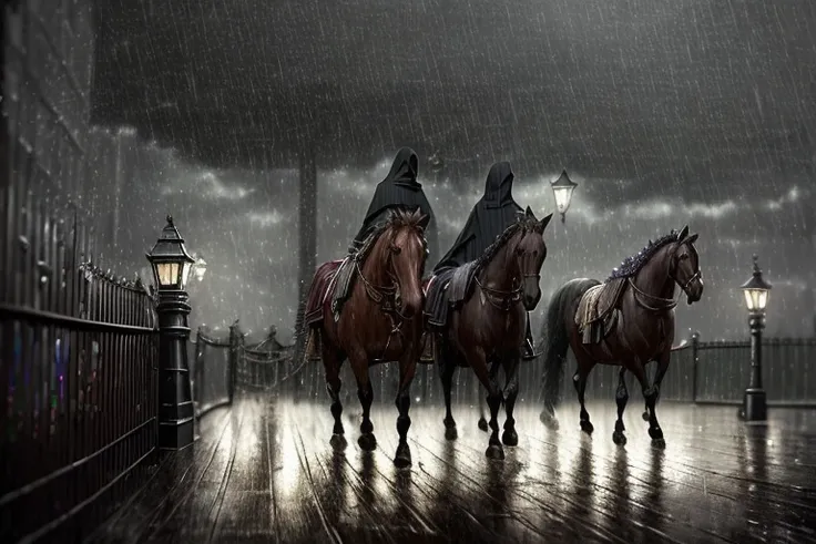 A dark and stormy night. Travelers arriving at the gate below. They are cloaked and hooded against the rain, their horses struggling through the night, Bokeh, Depth of Field, HDR, Photorealistic, extremely detailed, trending on artstation, trending on CGsociety, Intricate, High Detail, Masterpiece, Award Winning, 8k,