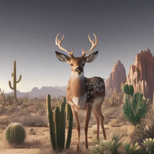 masterpiece, best quality, high quality, extremely detailed CG unity 8k wallpaper,high contrast,Distinctive,(deer in the center,1.3),Empty desert with rare cacti,Hyperdetailed, HDR, bloom, Photorealistic, hyperdetailed