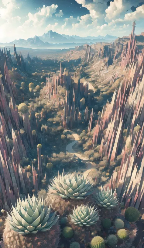 ((masterpiece)), best quality, high quality, ((extremely detailed CG unity 8k wallpaper)),(fantasy), A dry place like an empty desert, dearest, viewing on higher mountain, ((giant agave titanota)), wild plants, foxy, , Mono Lake,hackberry,3D Digital Paintings,award winning photography, Bokeh, Depth of Field, HDR, bloom, less cactus, Chromatic Aberration ,Photorealistic,extremely detailed, trending on artstation, trending on CGsociety, Intricate, High Detail, dramatic, art by midjourney,